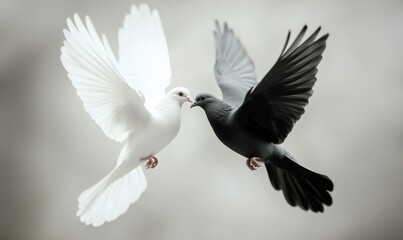 Fototapeta premium Two birds, one white and one black, are flying together in the sky