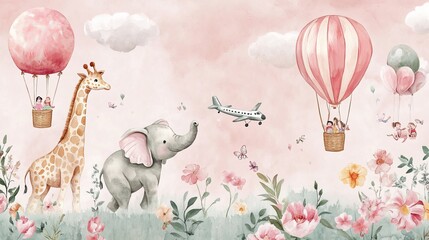 A kids' wallpaper mural featuring cycling animals with balloons, including a giraffe and elephant, set against a watercolor pink background. The design includes hot air balloons, blooming flowers