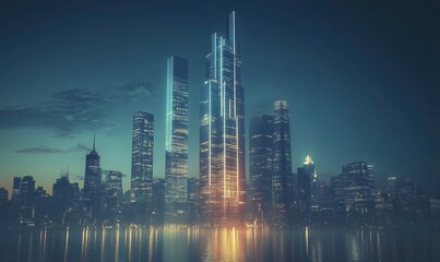 Fototapeta premium A city skyline with a large building in the middle