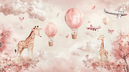 A kids' wallpaper mural featuring cycling animals with balloons, including a giraffe and elephant, set against a watercolor pink background. The design includes hot air balloons, blooming flowers