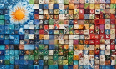 A colorful mosaic of many different colored blocks with a sun in the middle