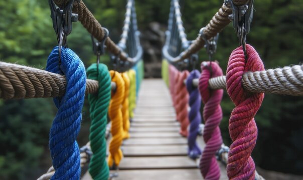 Fototapeta A colorful rope bridge with a rainbow of colors