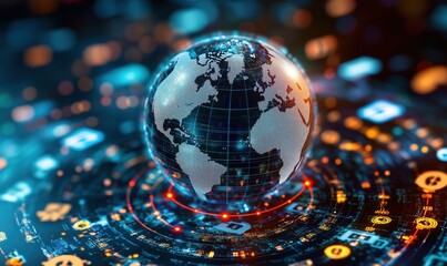 A globe is surrounded by a colorful, pixelated background