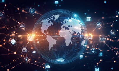 A globe with many icons and lines surrounding it