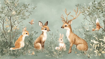A kids' wallpaper mural featuring watercolor illustrations of forest animals like a deer, fox, and bunny, set against a green forest background. Perfect for nursery wall art. 