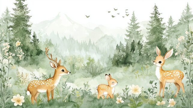 A kids' wallpaper mural featuring watercolor illustrations of forest animals like a deer, fox, and bunny, set against a green forest background. Perfect for nursery wall art. 