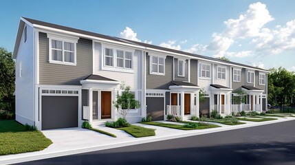 Modern Townhouses with White and Gray Siding in a Suburban Neighborhood