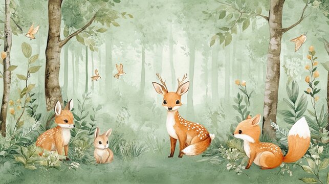 A kids' wallpaper mural featuring watercolor illustrations of forest animals like a deer, fox, and bunny, set against a green forest background. Perfect for nursery wall art. 