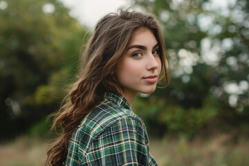 Fototapeta premium beautiful American young woman, brown hair, green eyes, green plaid shirt, green trees blurred background, cloudy day