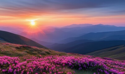 Sunrise Over Blooming Pink Rhododendrons in Mountain Valley