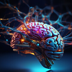 Artificial intelligence human brain, high-tech neural network sci-fi, deep learning, big data, neural network, cybernetic connections, computer Generative AI stock illustration