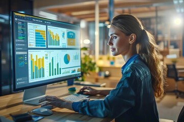 professional woman analyzing KPI data on a computer screen in a modern office setting.