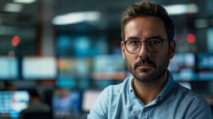 Obraz premium A bespectacled professional exuding seriousness stands confidently in a modern office setting, embodying focus and determination.