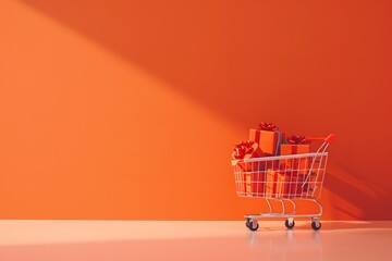 Shopping bags inside shopping cart on empty orange wall