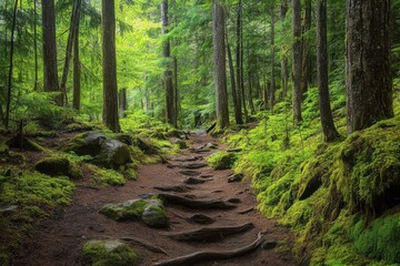 Fototapeta premium A tranquil forest with a winding path, surrounded by lush greenery and tall trees.