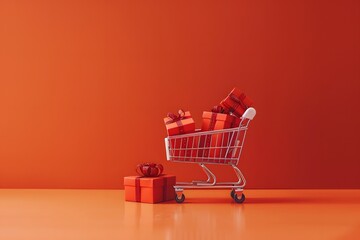 Shopping bags inside shopping cart on empty orange wall