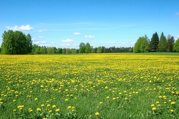 Obraz premium A vivid spring meadow filled with yellow dandelions under a bright blue sky.