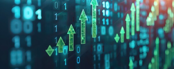 Abstract bull market with glowing green arrows and digital elements, Bullish - Bearish, market growth