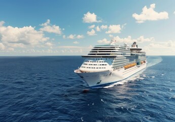 Naklejka premium Luxury Cruise Ship Sailing Through Clear Blue Ocean During Bright Daylight
