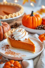 Pumpkin Pie Slice With Whipped Cream Surrounded By Autumn Decor