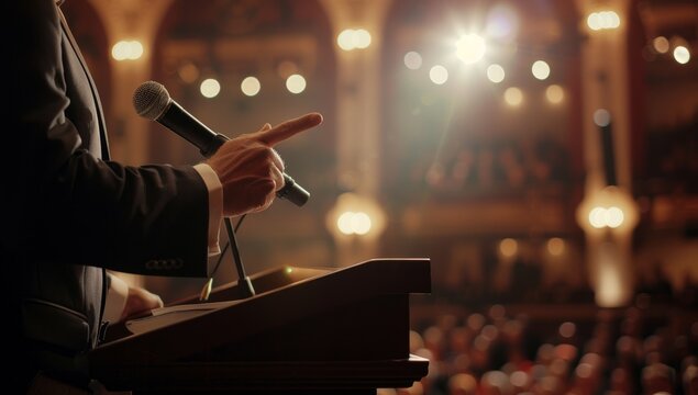 Man with microphone on tribune. Candidate on podium, politician speaker on podium. President or leaders audience. Government oratory spokesman gesture on senate or lecture