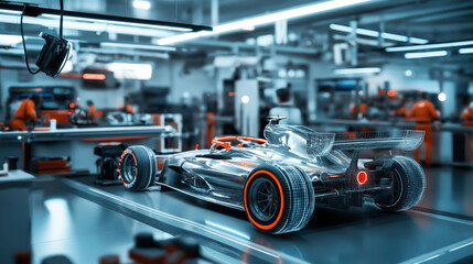 Fototapeta premium A group of technicians in orange uniforms work on a high-tech Formula 1 car prototype in an advanced automotive laboratory.