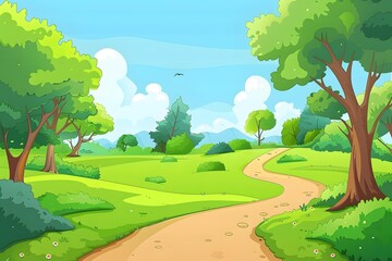 Fototapeta premium Cartoon Illustration of a Winding Path Through a Green Forest