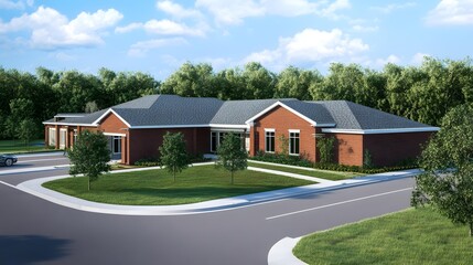 Fototapeta premium Brick Building with a Green Lawn and a Car in the Driveway