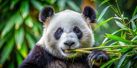 Close-up of a majestic panda eating bamboo to promote habitat protection, panda, bamboo, endangered species, wildlife