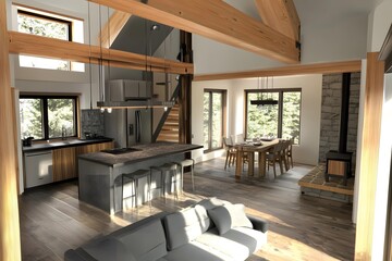 Obraz premium Modern Kitchen Design With Wooden Beams
