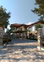 Fototapeta premium Modern Luxury Home Exterior With Stone And Wood Details