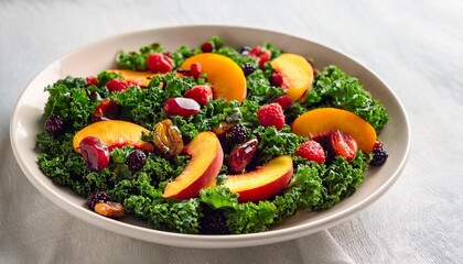 Crisp kale mingles with juicy peaches, plump raisins, and tangy dry cranberries in a refreshing, vibrant salad, drizzled with zesty citrus dressing.