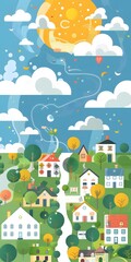 Fototapeta premium Colorful Illustration of a Small Town with Houses and Trees