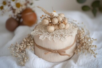 Closeup of a Handmade Box Wrapped in Fabric and Decorated with Dried Flowers