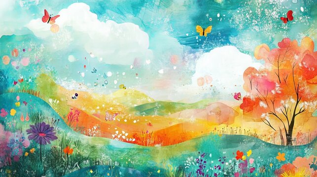 Fototapeta Bright and colorful baby wallpaper featuring a drawn children's book illustration. Suitable for cards, postcards, wallpaper, photo wallpaper