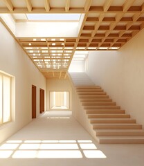 Obraz premium Modern Minimalist Interior Design With Wooden Stairs And Sunlight