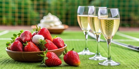 Strawberries with whipped cream, champagne glasses, and tennis equipment on Wimbledon grass , Wimbledon