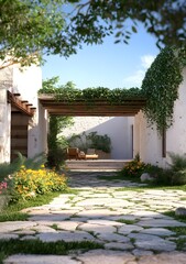 Stone Path leading to a Courtyard with Wooden Pergola