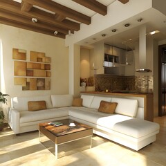 Modern Interior Design with White Sofa and Wooden Beams