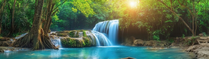 Obraz premium A tranquil waterfall flows in a vibrant green forest under the golden sunlight, creating a peaceful and refreshing atmosphere.