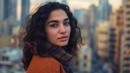 Obraz premium A woman with curly hair and expressive eyes stands in an urban environment at sunset, embodying modernity, contemplation, and subtle beauty.