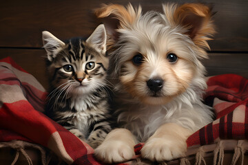 Playful striped cat and dog puppy resting with red