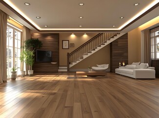 Modern Living Room Interior Design with Wooden Floor and Staircase