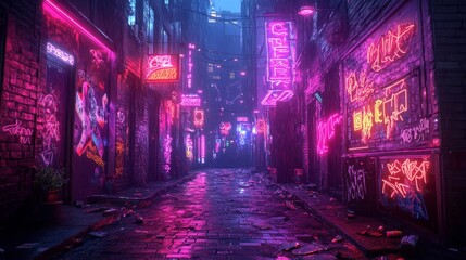 Neon-lit cyberpunk alley with graffiti - generative ai