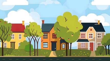 Naklejka premium Suburban Houses With Green Trees And Blue Sky