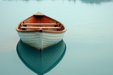 Obraz premium Serene Boat Reflection on a Calm Lake