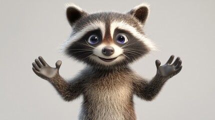 Obraz premium A cartoon raccoon with a big smile on its face. The raccoon is holding its paws up in a welcoming gesture