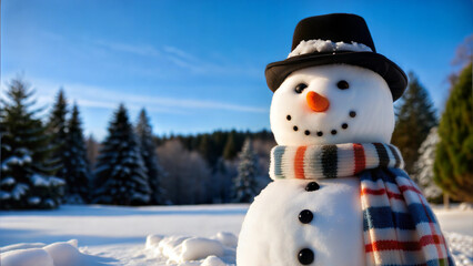 Obraz premium Snowman with Scarf and Hat Against Forest Background on a Sunny Day, Winter Charm