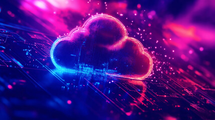 Futuristic illustration of a digital cloud icon surrounded by neon lights, representing cloud computing technology on a circuit board background.