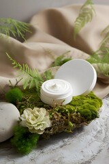 Obraz na płótnie Canvas Natural Green Background with White Cream Jar
